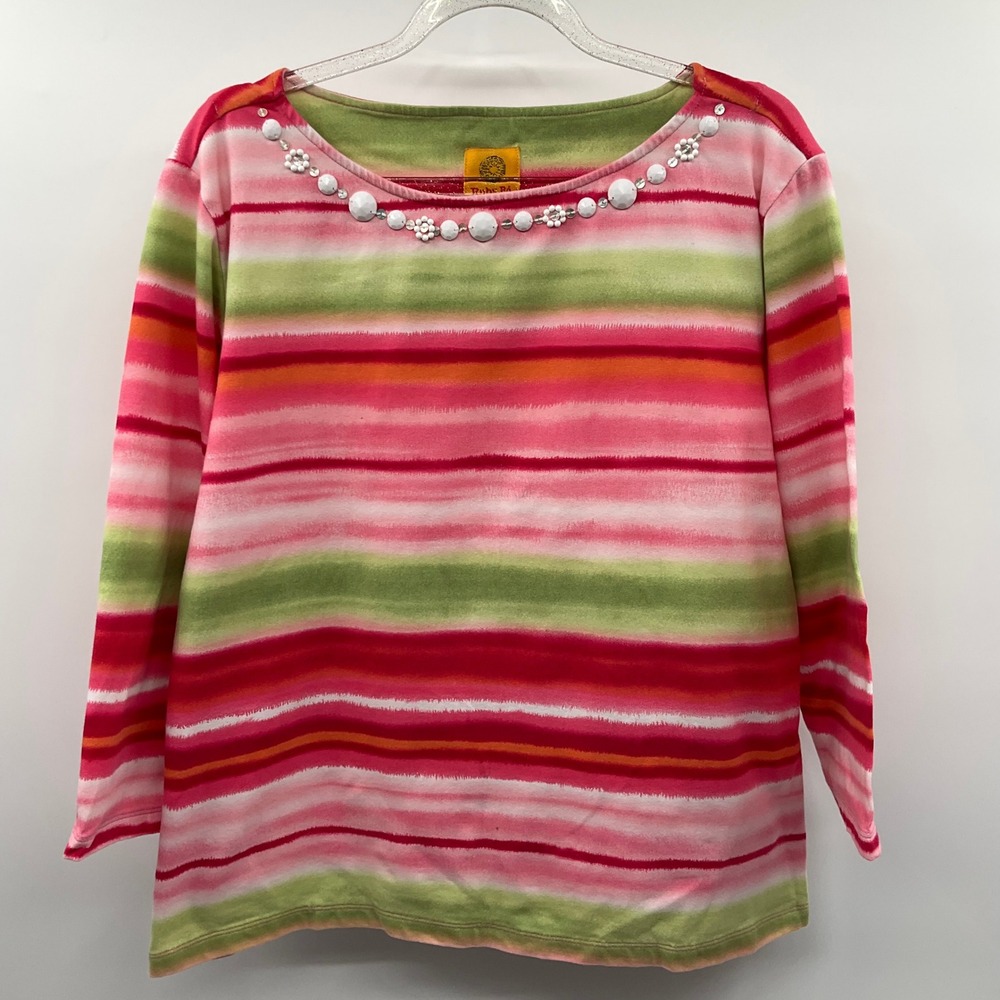 Ruby Rd Striped Beaded Top Large Colorful Cottagecore 3/4 Sleeve Bright Costal